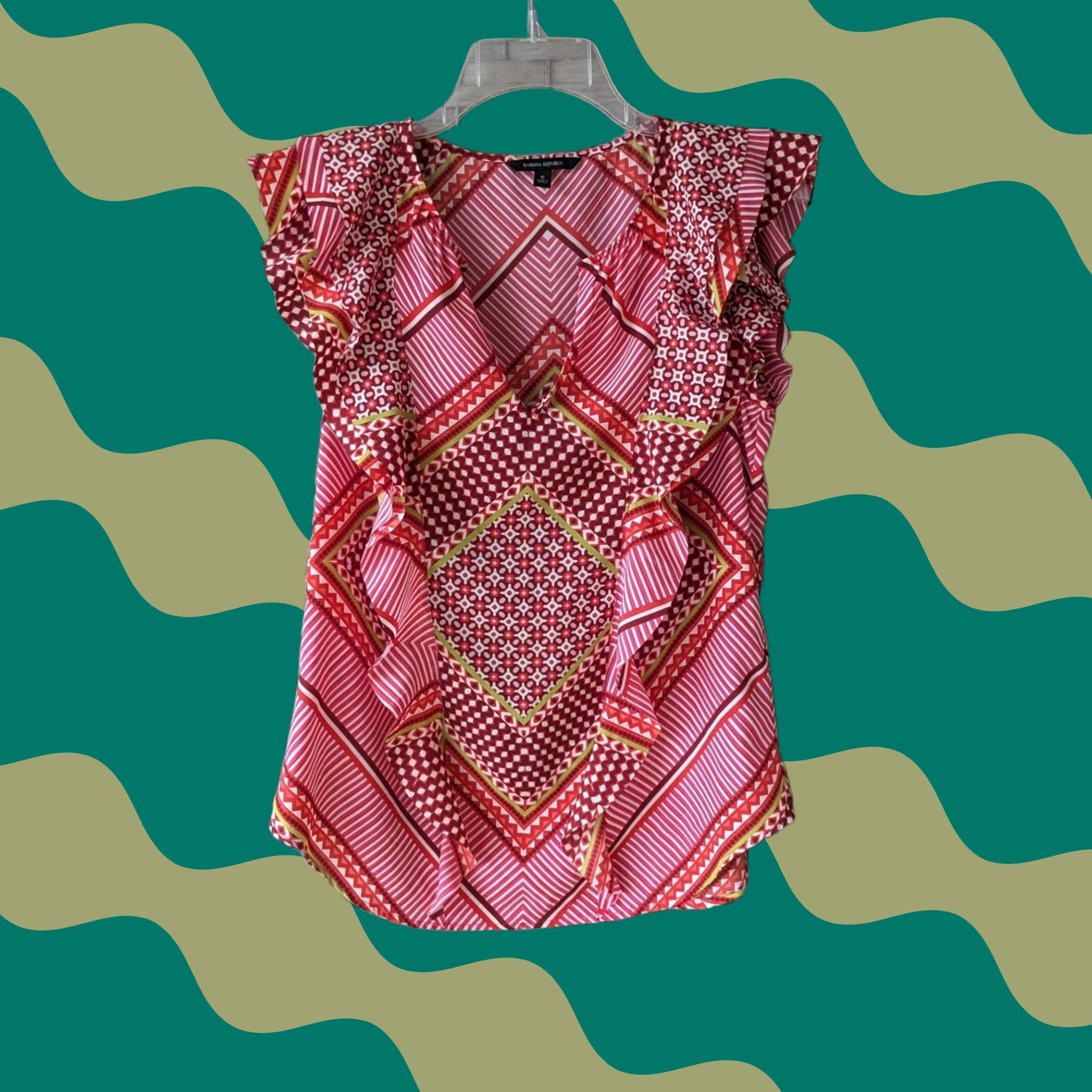 Banana Republic Banana Republic Blouse Top V-Neck Sleeveless Geometric Ruffle Multicolor Red Pink Sz S Womens Size S / US 4 / IT 40 - 1 Thumbnail