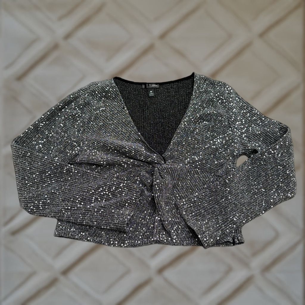 AQUA Aqua Blouse Womens XL Black Cropped V-Neck Twisted Metallic Glitter Knit Party Cropped Top Size XL / US 12-14 / IT 48-50 - 1 Thumbnail