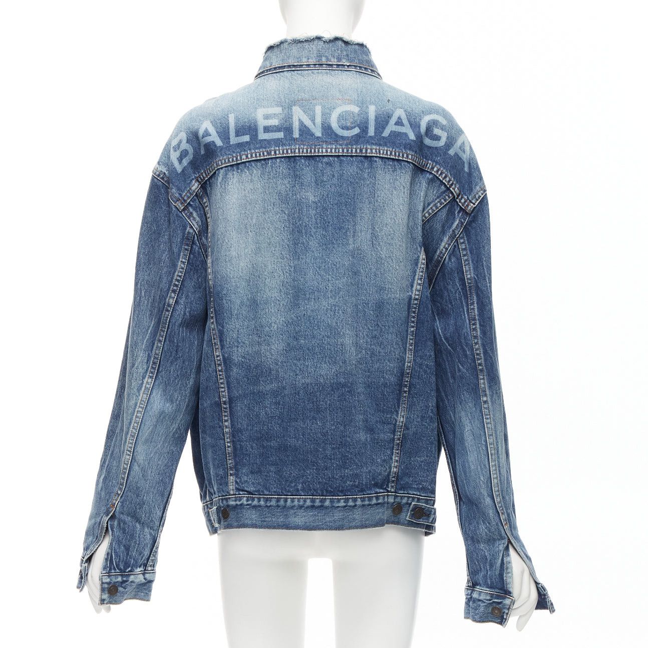 image of Balenciaga 2017 Blue Distressed Denim Logo Back Yoke Oversized Jacket Fr34 Xs, Women's