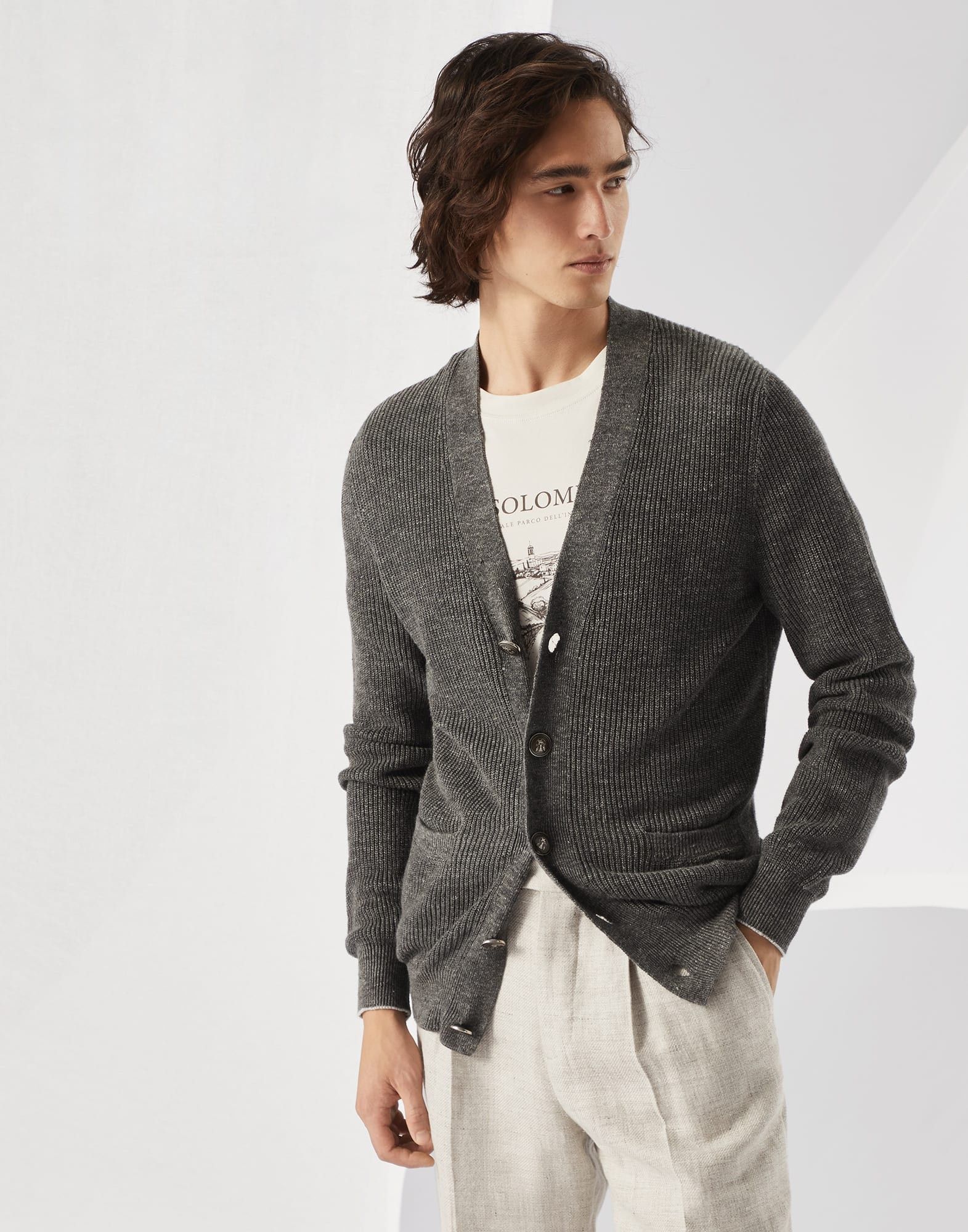 Brunello Cucinelli o1la1rc1a0326 English Rib Cardigan With Metal Buttons Grey Size US S / EU 44-46 / 1 - 1 Thumbnail