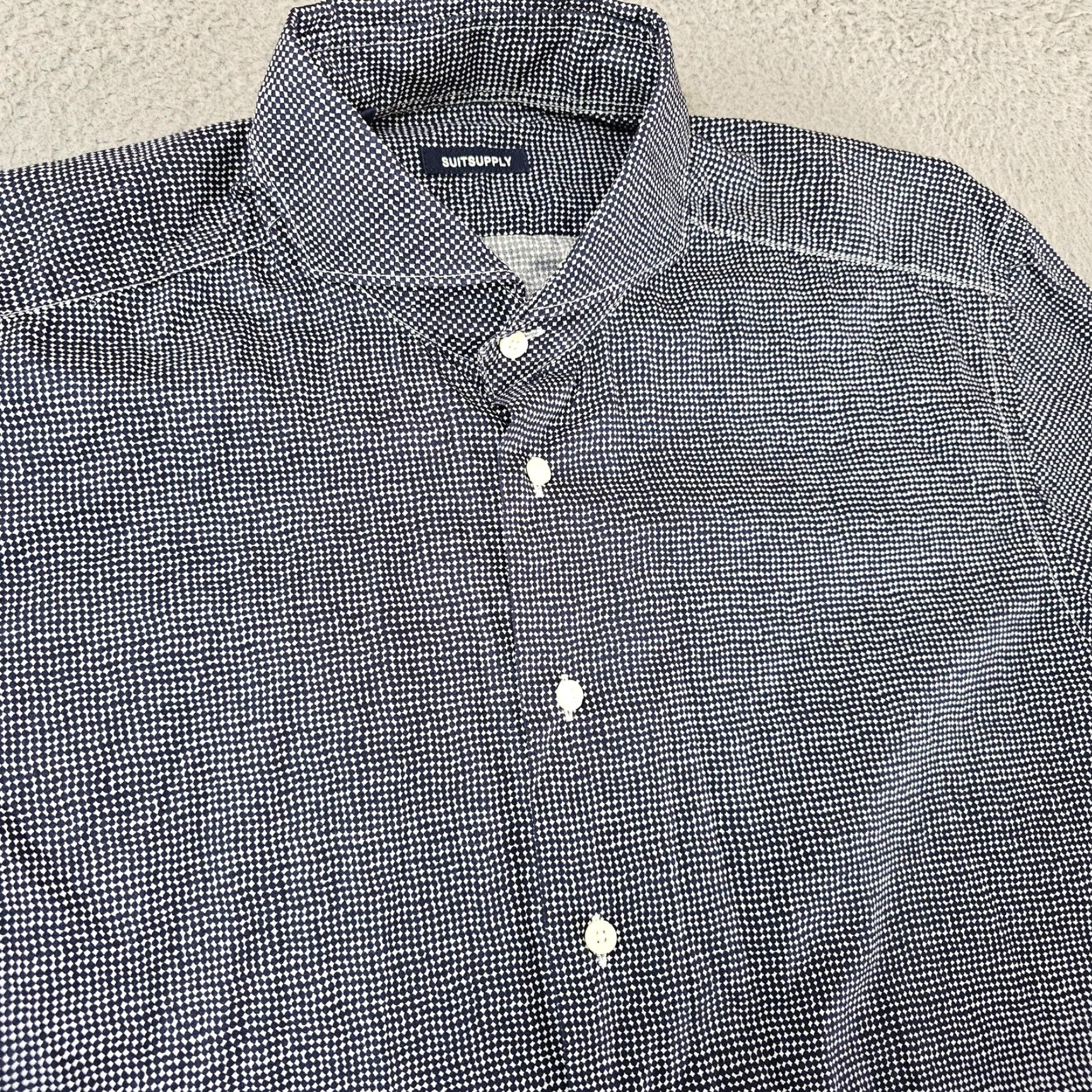 Suitsupply Suitsupply Shirt Mens 40 15 3/4 Blue White Geometric Button Down Long Sleeve Dress Shirt Mens Regular Blue Geometric 100% Cotton Mens Size US L / EU 52-54 / 3 - 3 Thumbnail