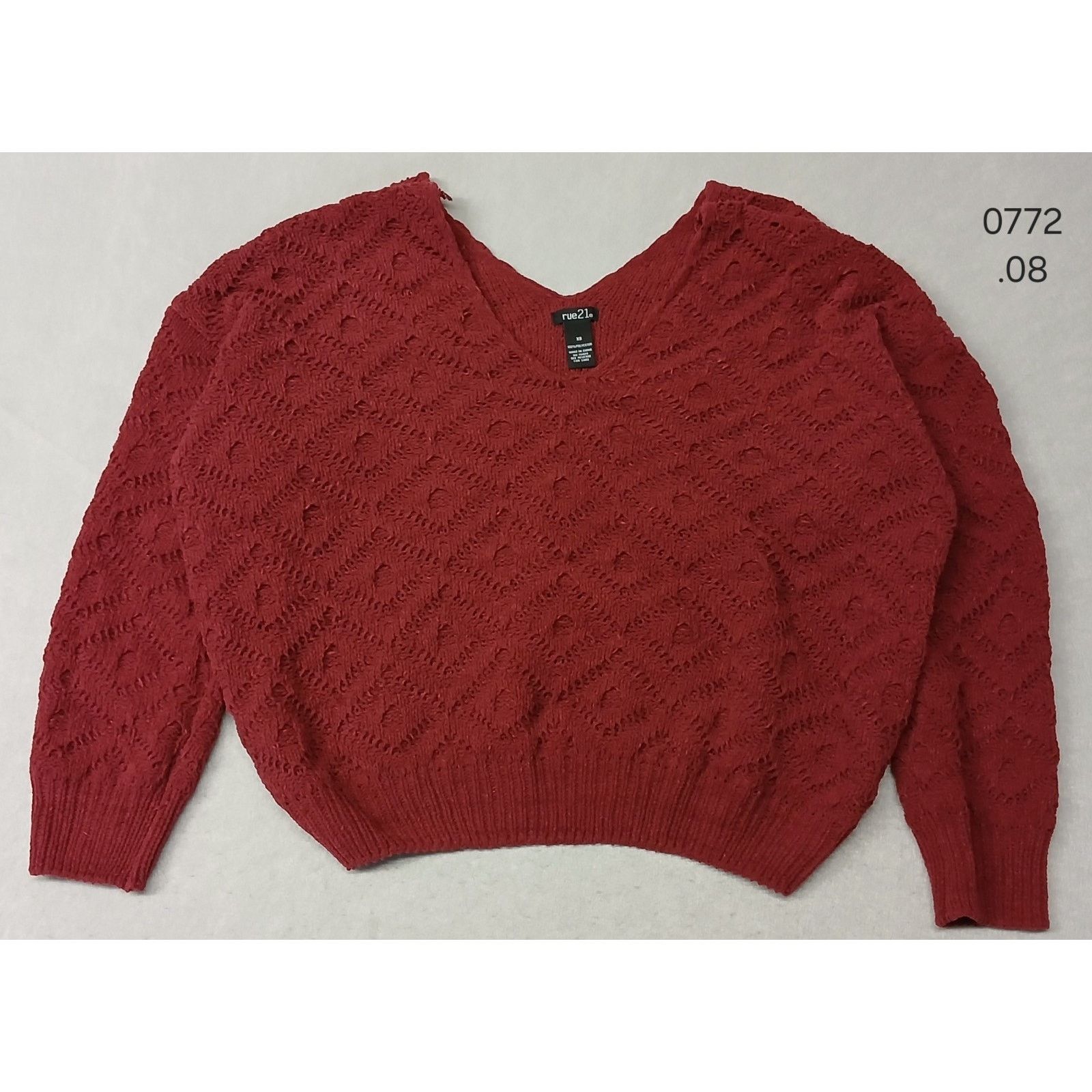 rue21 Rue 21 (XSmall) Women's Burgandy Knitted V-Neck Crop Sweater Size XS / US 0-2 / IT 36-38 - 1 Thumbnail