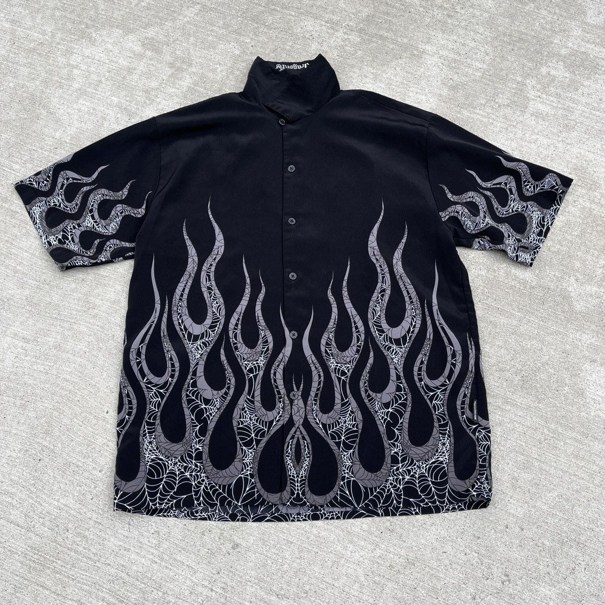 image of Y2K Dragonfly Flames Shirt (Unisex) in Black, Men's (Size Large)