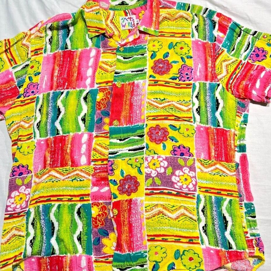 VINTAGE Jams World Hawaiian Shirt Men's Large Casual Floral Short Sleeve Cotton 80s Camp Retro