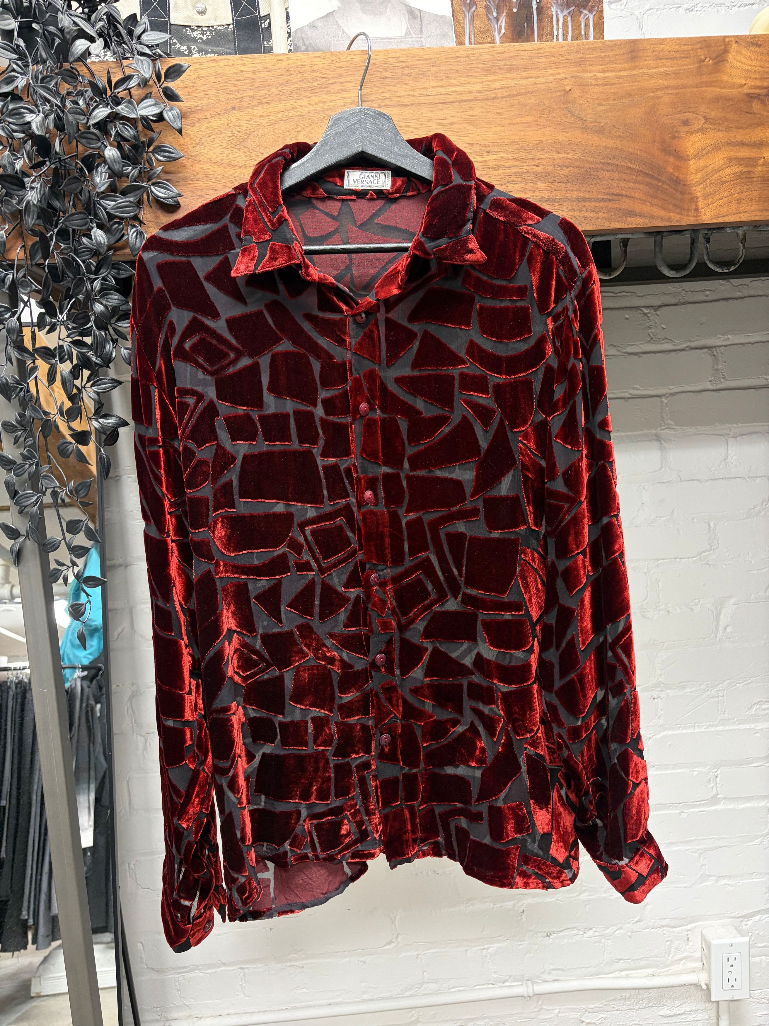 Versace Vintage Gianni Versace Sheer Mesh/Red Velvet Geometric Panelled Button Up Shirt Size US L / EU 52-54 / 3 - 1 Thumbnail