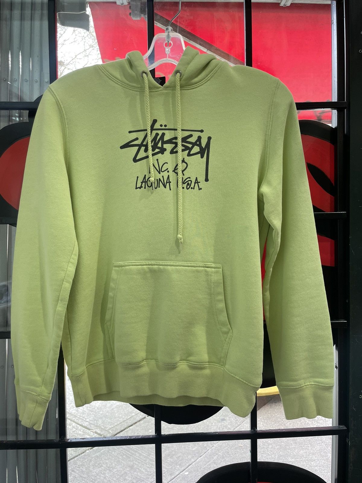 image of Stussy Hoodie Laguna Text Graphic Lime Green Used, Men's (Size XS)