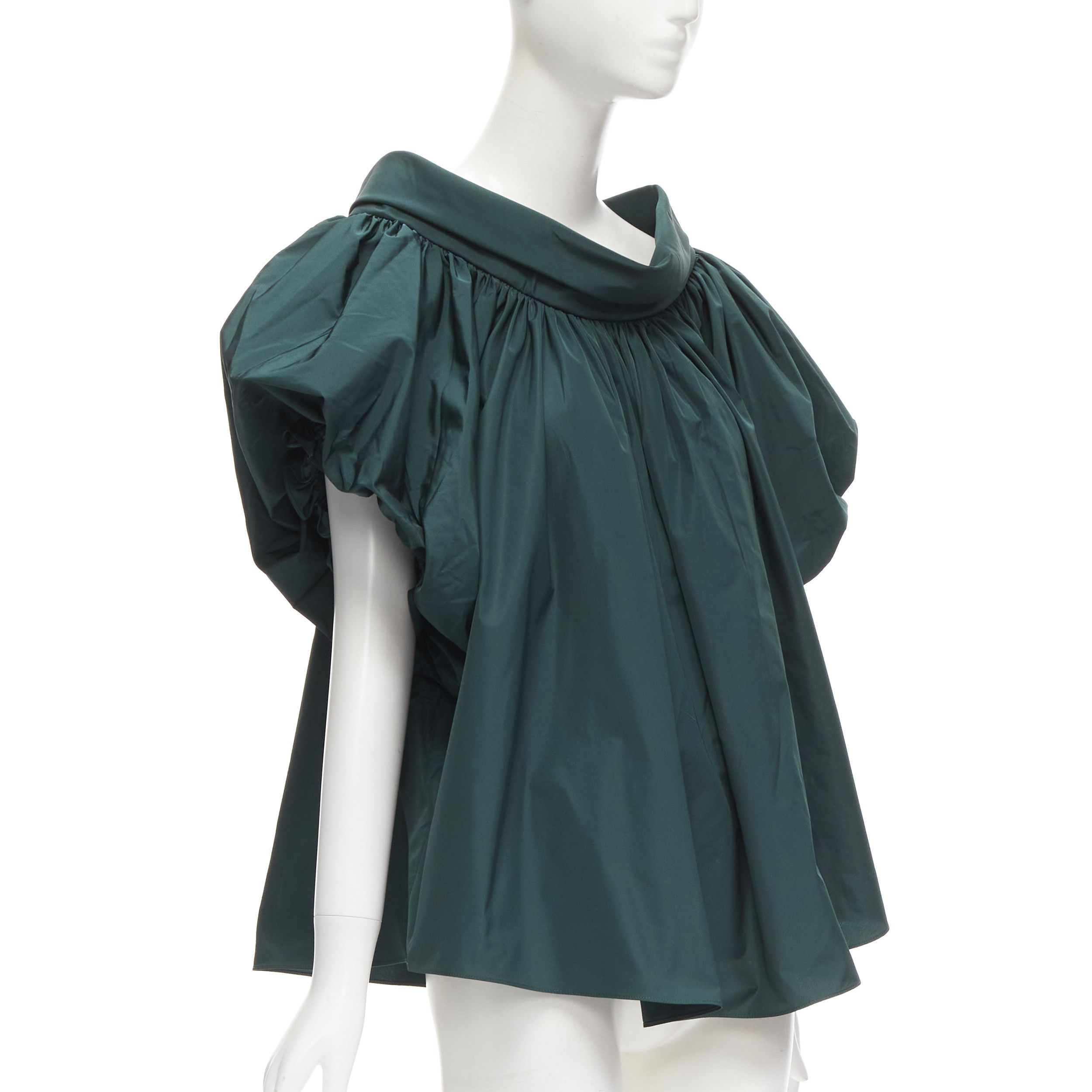 ALEXANDER MCQUEEN dark green puff sleeve bateau high collar flare top IT38 XS