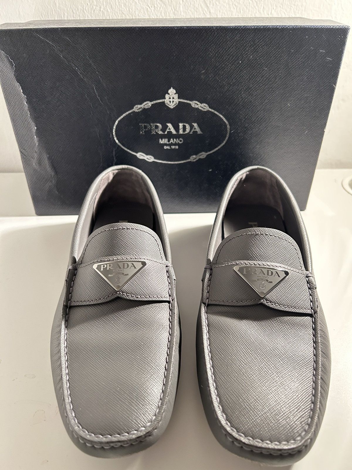 Grey Prada Saffiano leather loafers Prada Saffiano Leather Penny Loafer - Bergdorf Goodman main image 2