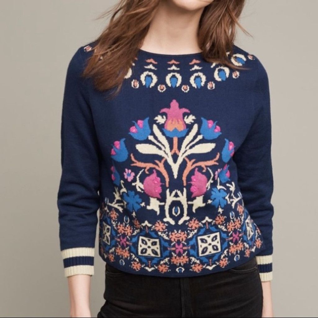 Anthropologie Anthropologie Floral Intarsia Sweatshirt Size S / US 4 / IT 40 - 1 Thumbnail