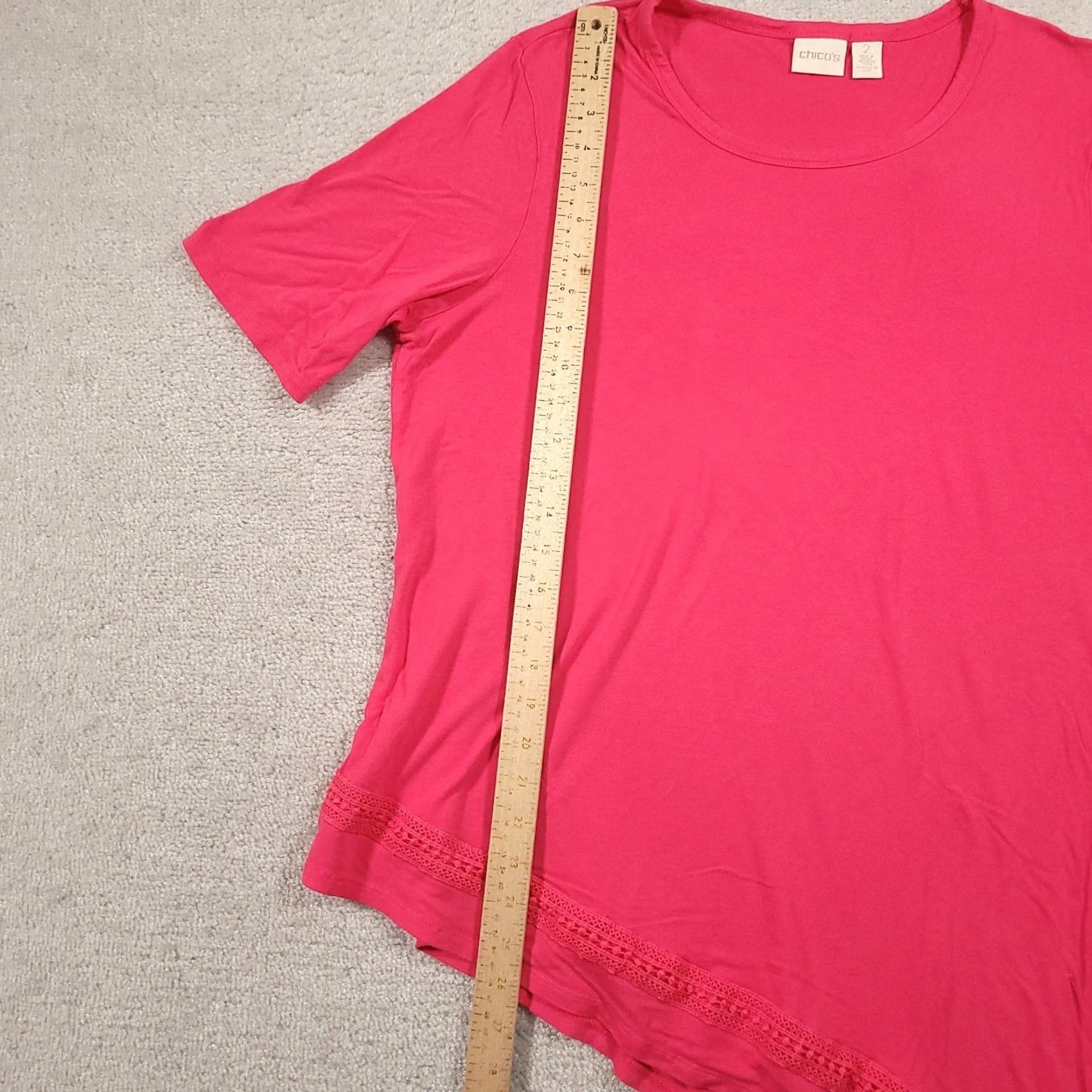 Vintage Chicos 2 Knit Top Pink Asymmetrical Hem Knit Lace Trim Short Sleeve Large Blouse Shirt Womens Vintage No Size L / US 10 / IT 46 - 7 Thumbnail