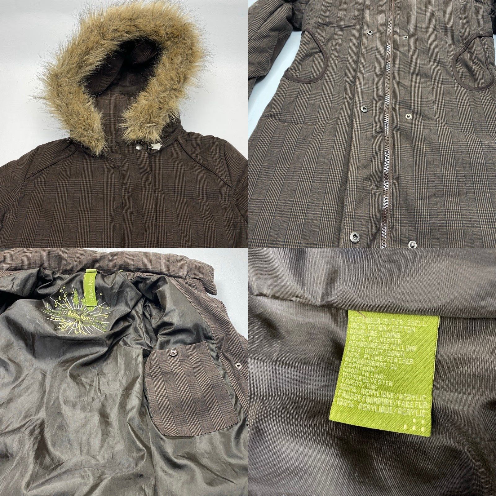 Vintage Soia & Kyo Down Coat Women’s P/S Brown Plaid Removable Hood Pockets 7908 Size S / US 4 / IT 40 - 8 Thumbnail