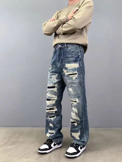 Japanese Brand Vintage washed and worn patched loose hip hop jeans Size US 36 / EU 52 - 6 Thumbnail
