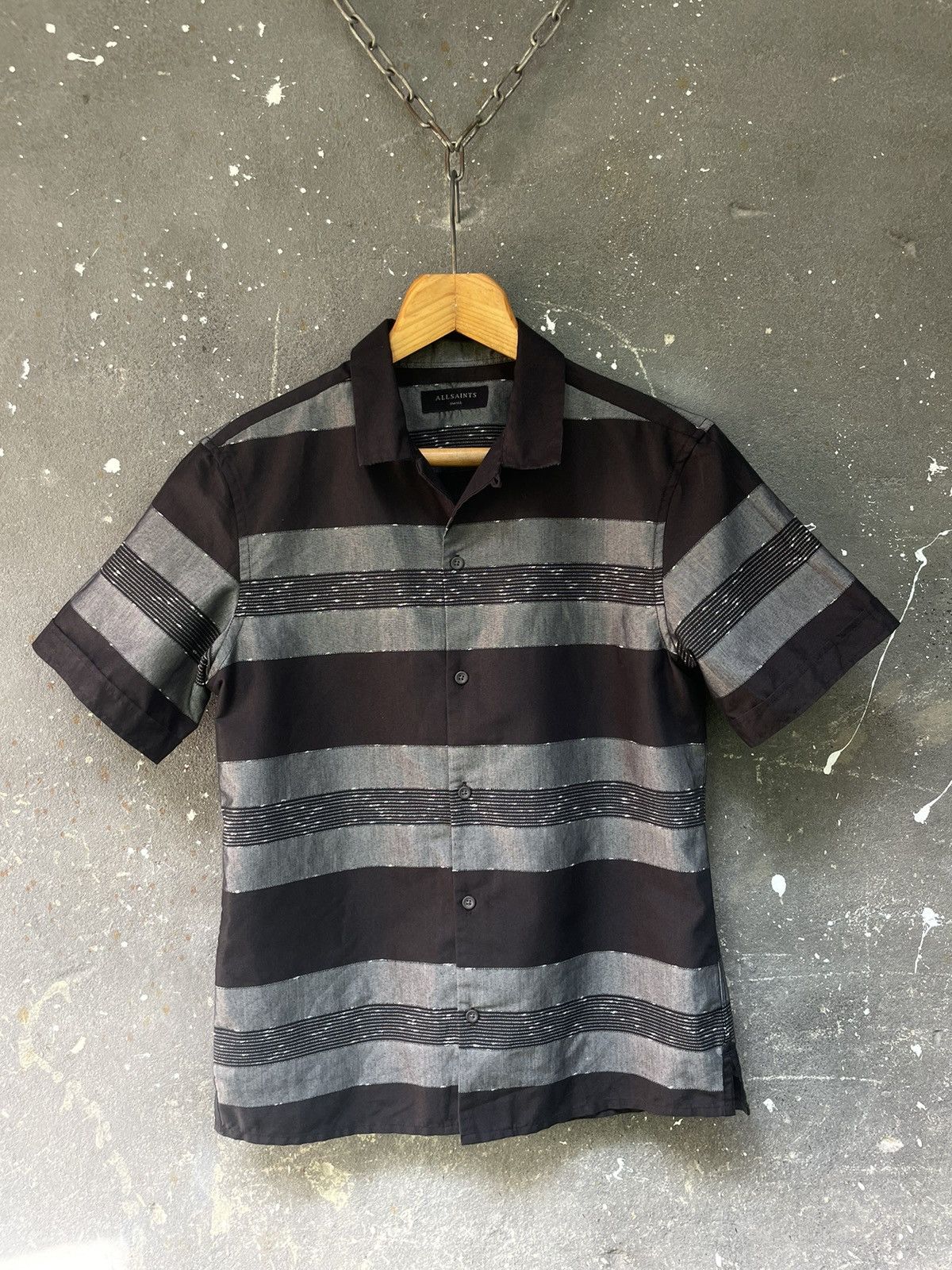 Allsaints AllSaints Gabon Grey Black Stripe SS Shirt Up Short Sleeve Size US S / EU 44-46 / 1 - 1 Thumbnail