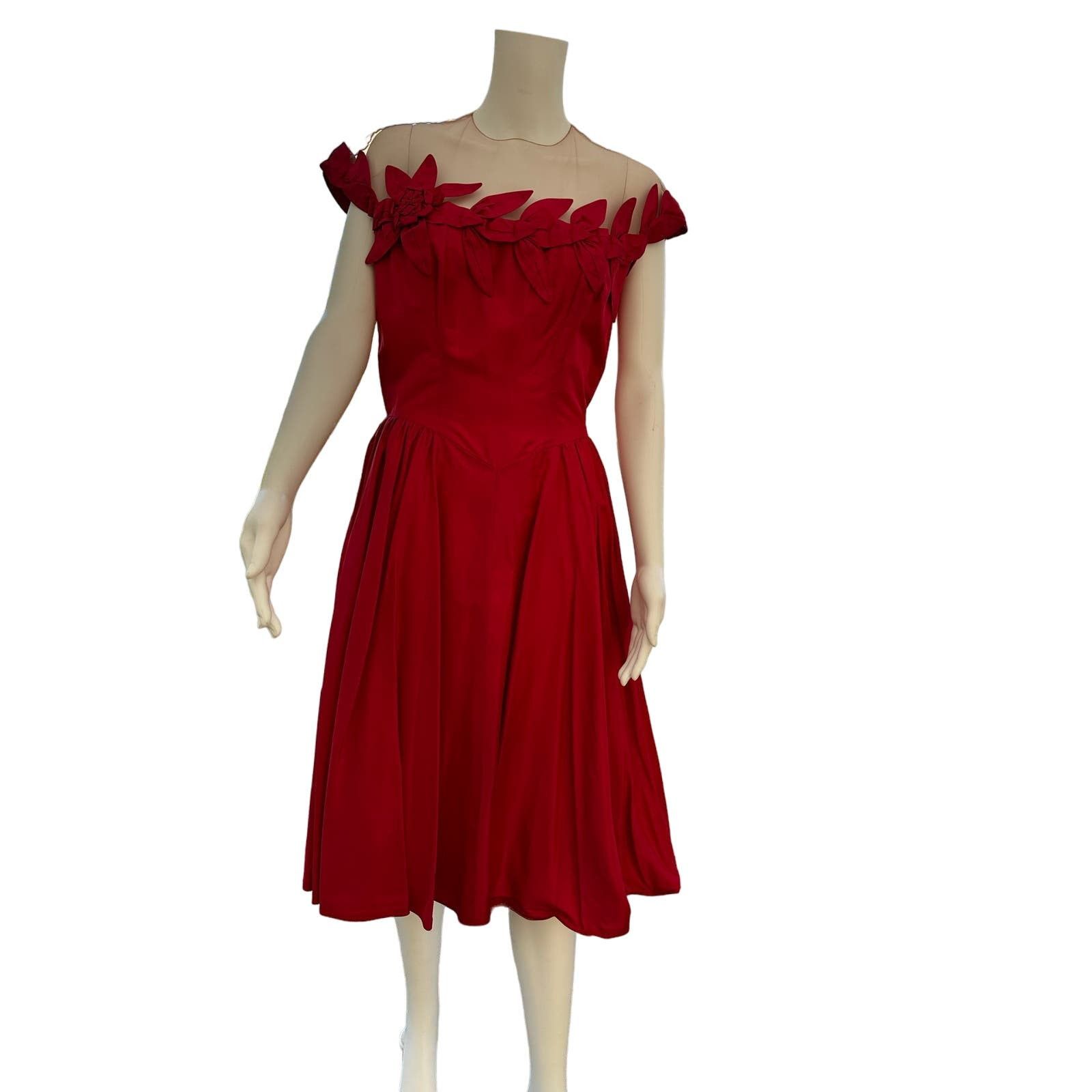 image of Vintage 1950S Red Party Dress Floral Rose Mesh Illusion Neckline Med, Women's (Size Medium)
