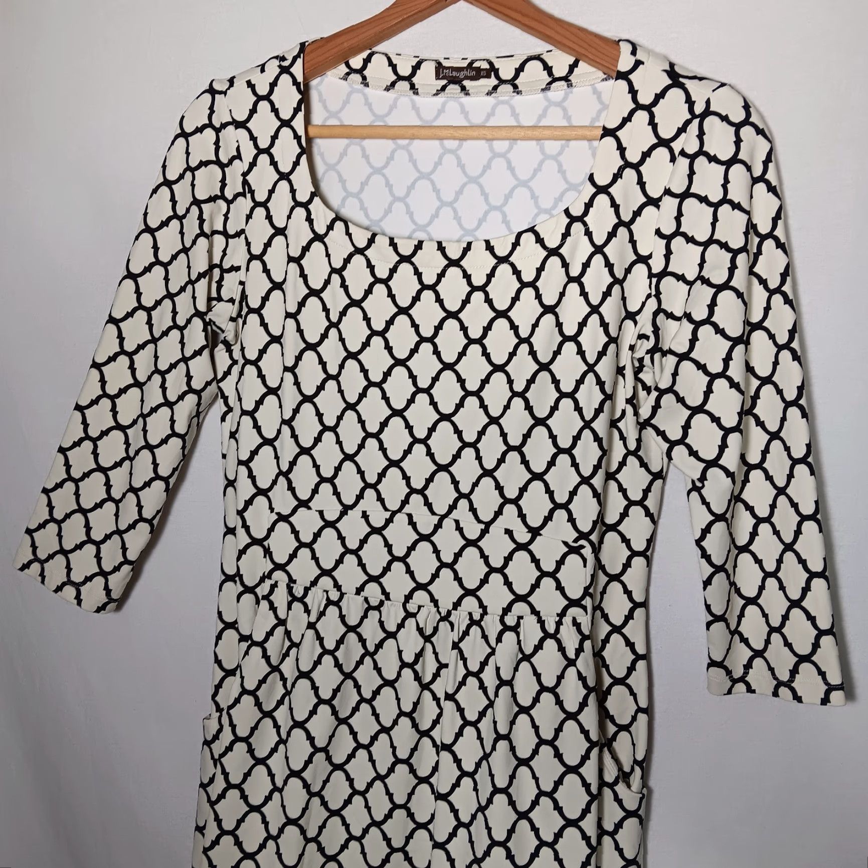 J.McLaughlin VINTAGE J. MCLAUGHLIN Dress Sheath XS Knee Length Geometric Lattice 3/4 Sleeve Ivory Black Womens XS Regular Size XS / US 0-2 / IT 36-38 - 7 Thumbnail
