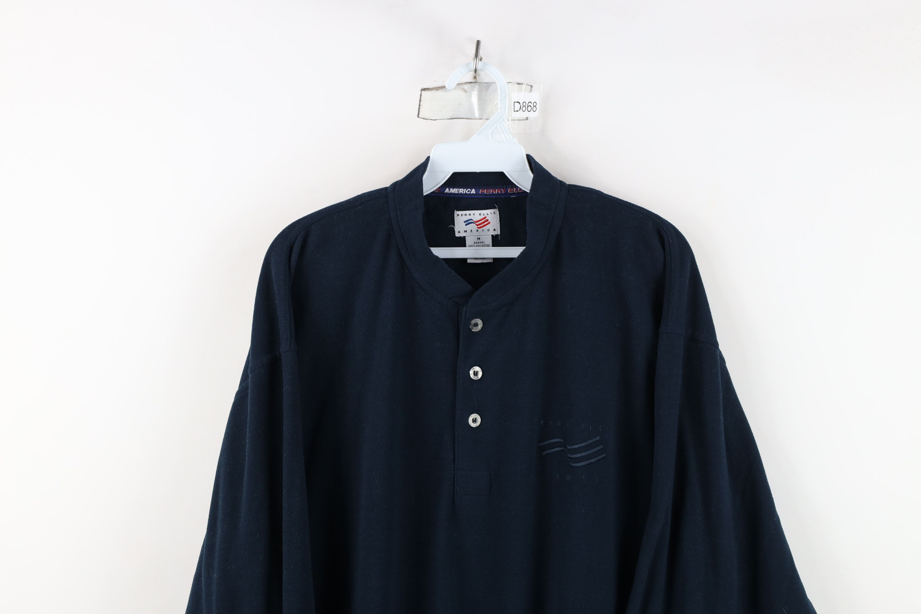Vintage Vintage 90s Perry Ellis Spell Out Henley Fleece Sweater Blue Size US M / EU 48-50 / 2 - 2 Thumbnail