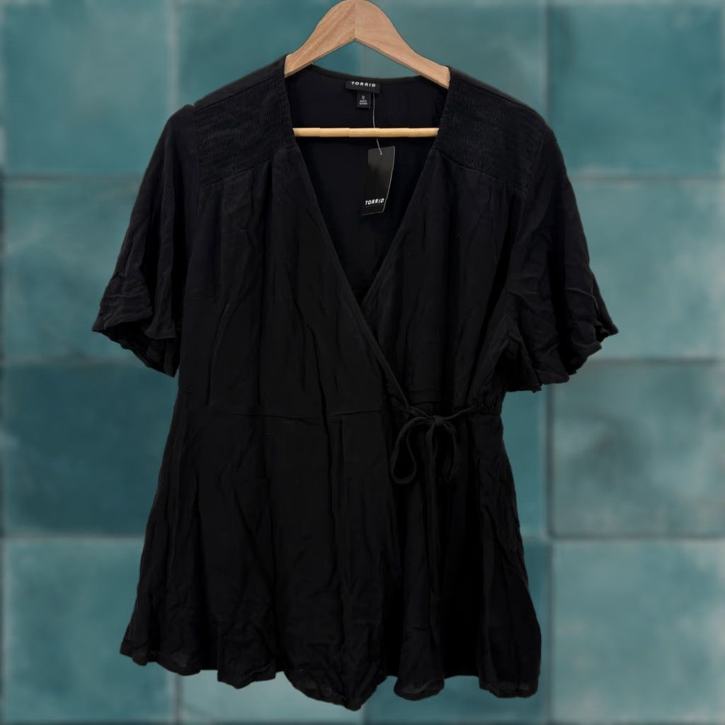 Torrid Torrid Blouse Womens 12 Black Short Sleeve Surplice Smocked Wrap Peplum Rayon Size XL / US 12-14 / IT 48-50 - 1 Thumbnail