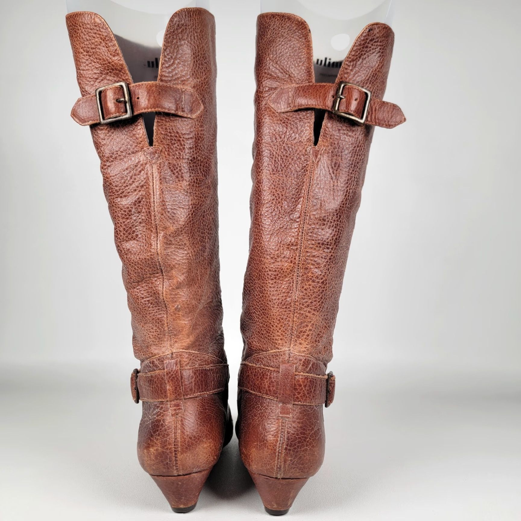 Vintage VINTAGE Cathy Jean Boots Women’s 8 Brown Tan Leather Riding Low Heel Calf Mid-Low Shaft Slip On Buckle 90s Y2K Brown Leather Boots Womens Size 30" / US 8 / IT 44 - 7 Thumbnail