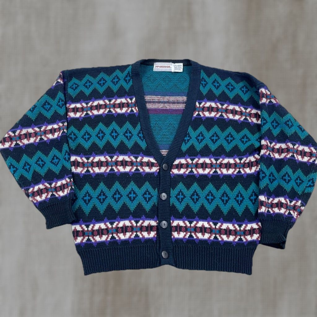 McGregor VINTAGE McGregor Cardigan Sweater Men XL Black Green Knit 80s 90s Biggie Cosby Size US XL / EU 56 / 4 - 1 Thumbnail