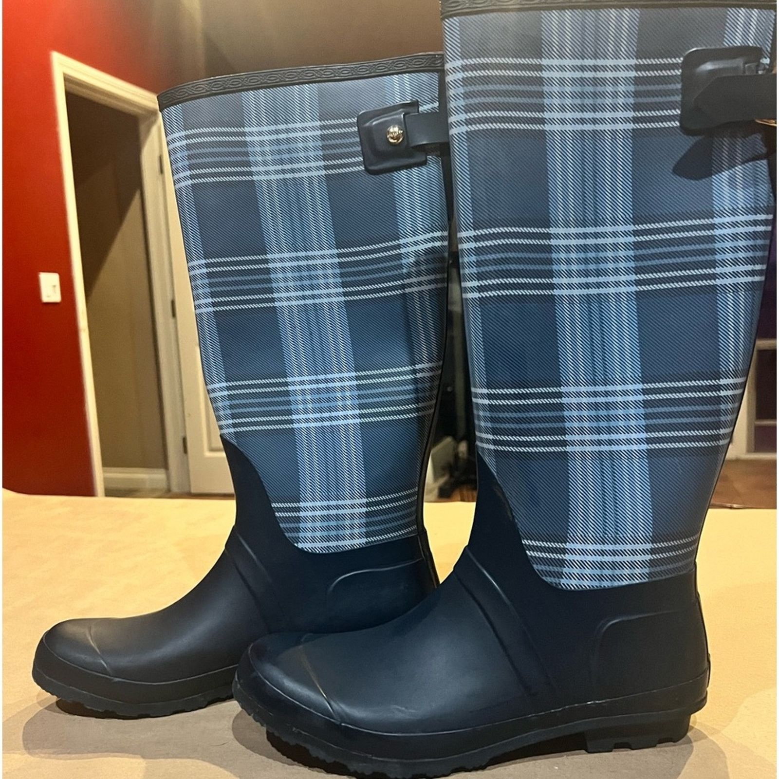 Tommy Hilfiger Tommy Hilfiger Malya2 Knee-High Rain Boots Plaid Blue Sz 10 Size US 10 / IT 40 - 2 Thumbnail
