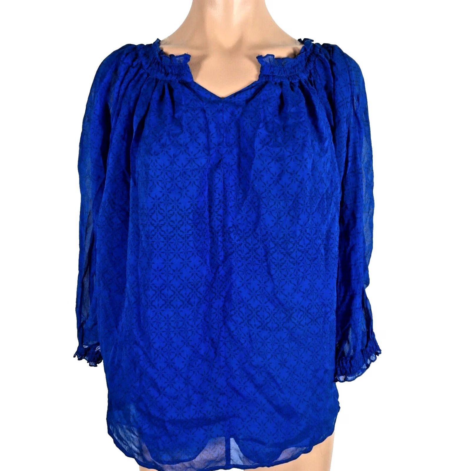 Diane von Furstenberg Diane von Furstenberg Silk Ruffle Peasant Blouse Lined Blue 3/4 Puff Sleeve V-Neck 14 Womens Regular Size XL / US 12-14 / IT 48-50 - 2 Thumbnail