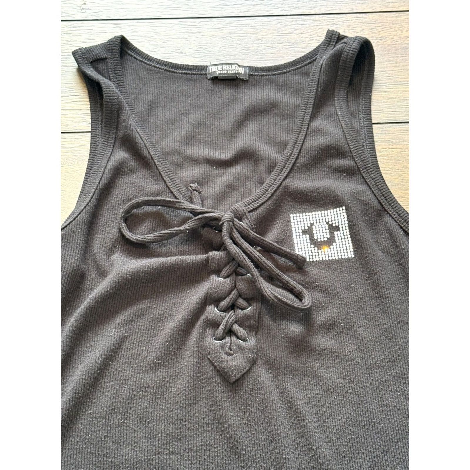 True Religion VINTAGE True Religion Tank Top Womens M Black Ribbed Lace Up Horseshoe Rhinestone V-Neck Sleeveless Shirt Size M / US 6-8 / IT 42-44 - 2 Thumbnail
