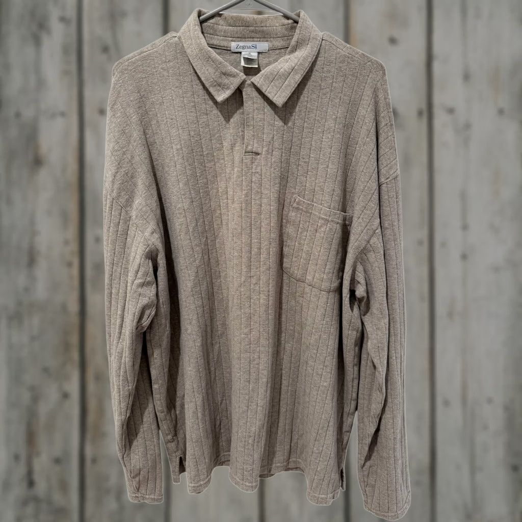 VINTAGE Zegna Sport Polo Shirt XL Tan Ribbed Cotton Long Sleeve Pullover Collared Shirt Mens 90s