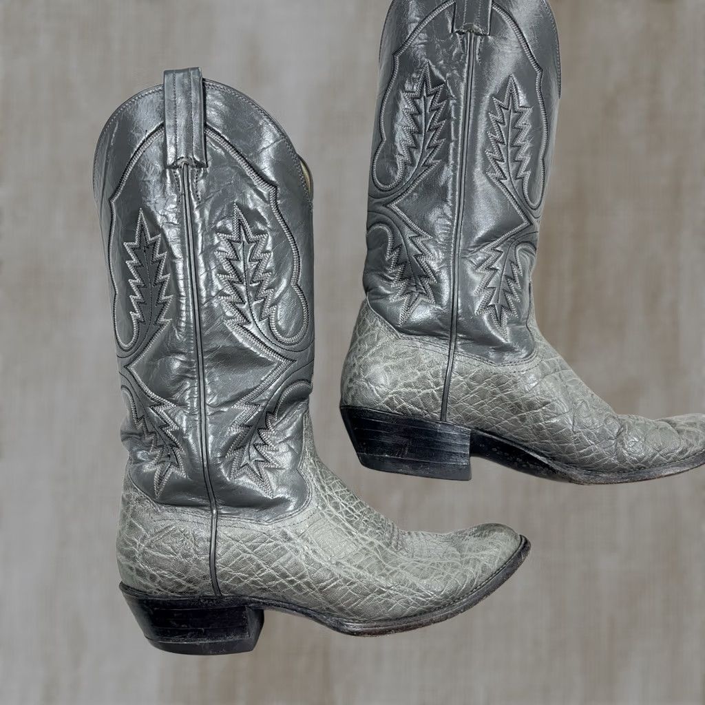 Vintage VINTAGE Panhandle Slim Cowboy Boots Men 8D Grey Bull shoulder Western Leather Mid-Calf Boots D Gray Pointed Toe Western Mens Size US 8 / EU 41 - 1 Thumbnail