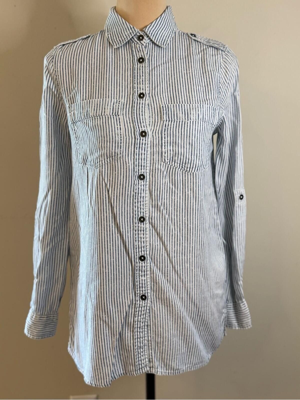 Forme D'Expression Dex blue & white stripe button up tunic top roll sleeve XS Size XS / US 0-2 / IT 36-38 - 1 Thumbnail