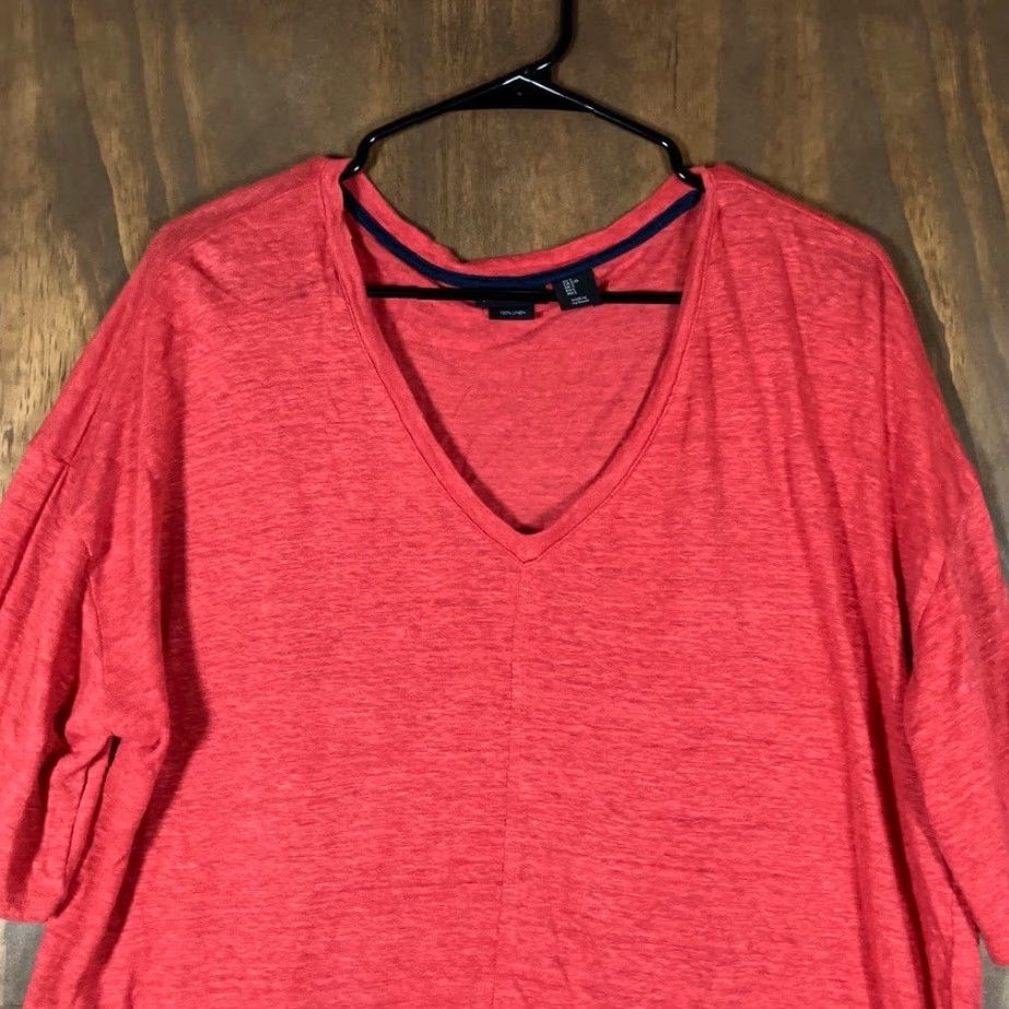 Vintage Tahari Womens Shirt Orange V Neck Short Sleeve 100% Linen Large Size L / US 10 / IT 46 - 2 Thumbnail