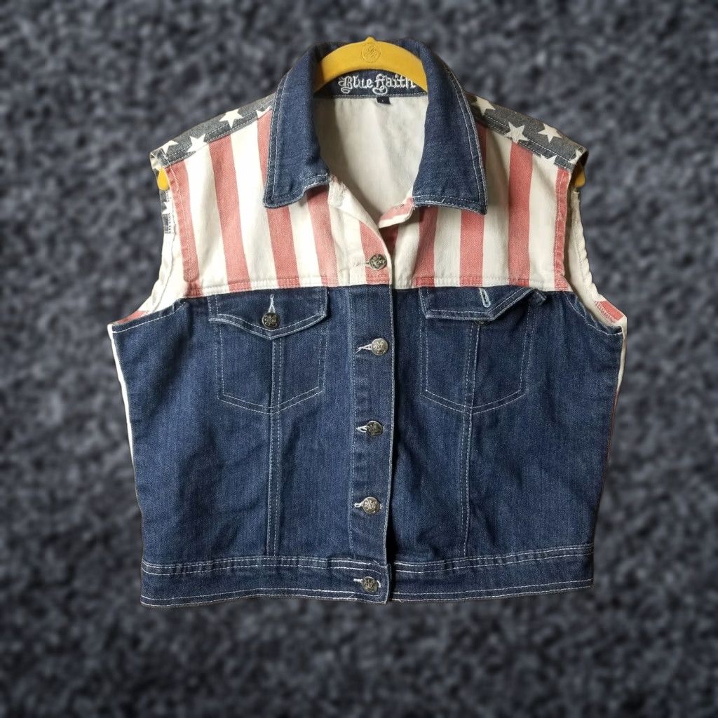 Vintage VINTAGE Blue Faith Denim Vest Shirt Womens L American Flag Patriot Cropped Jeans Style 90s Womens Mens? Size 36" / US 14 / IT 50 - 1 Thumbnail