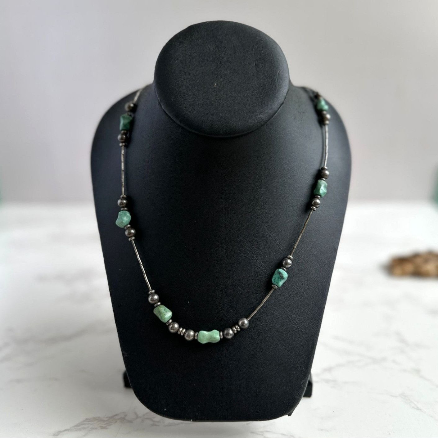 Sterling Silver Vintage Turquoise Nugget Hematite Bead Liquid Silver Necklac Size ONE SIZE - 1 Thumbnail