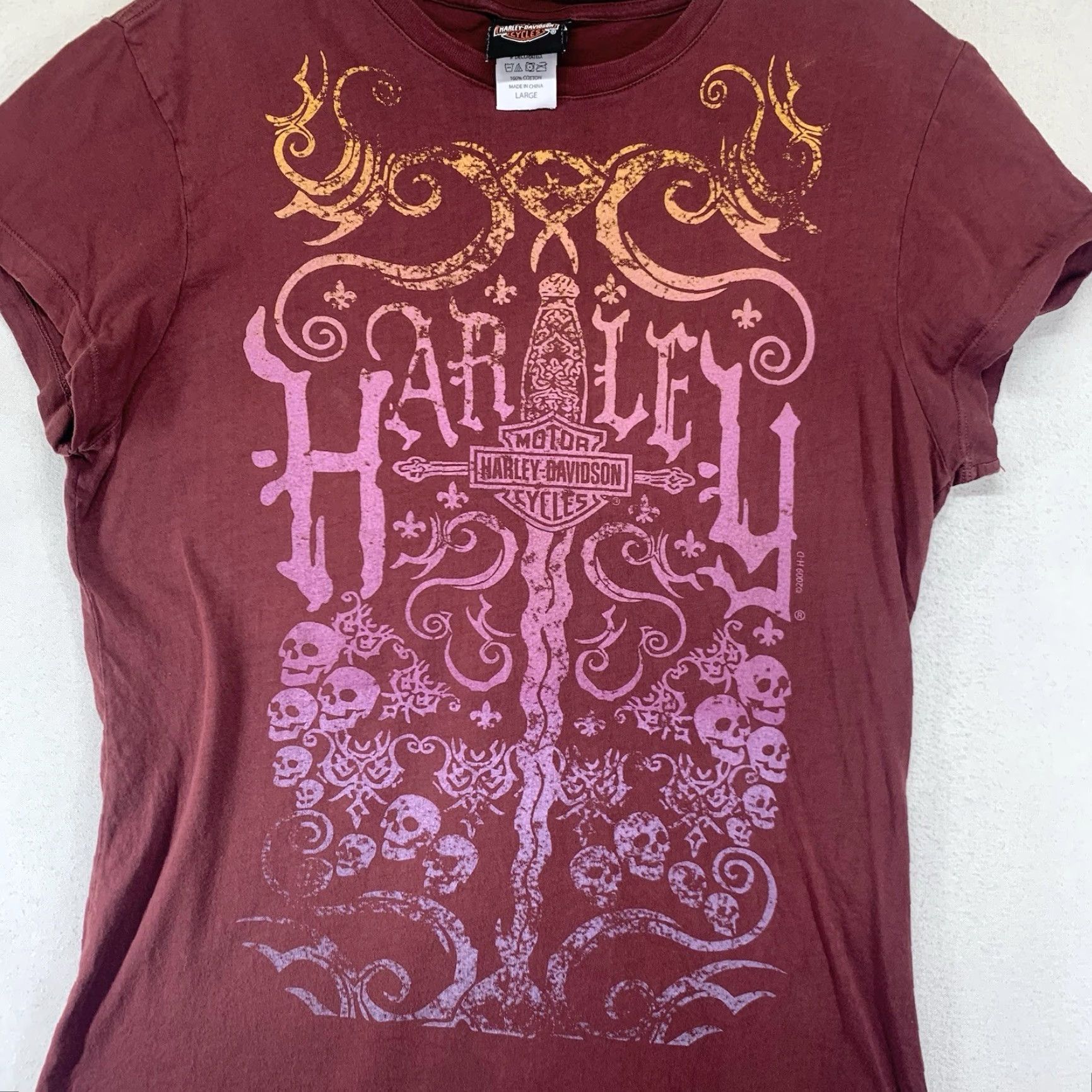 Harley Davidson Harley-Davidson Women's T-Shirt Large Casual Graphic Skull Sword Rusty Red Cotton Basic Summer Fall Spring Winter Size L / US 10 / IT 46 - 2 Thumbnail