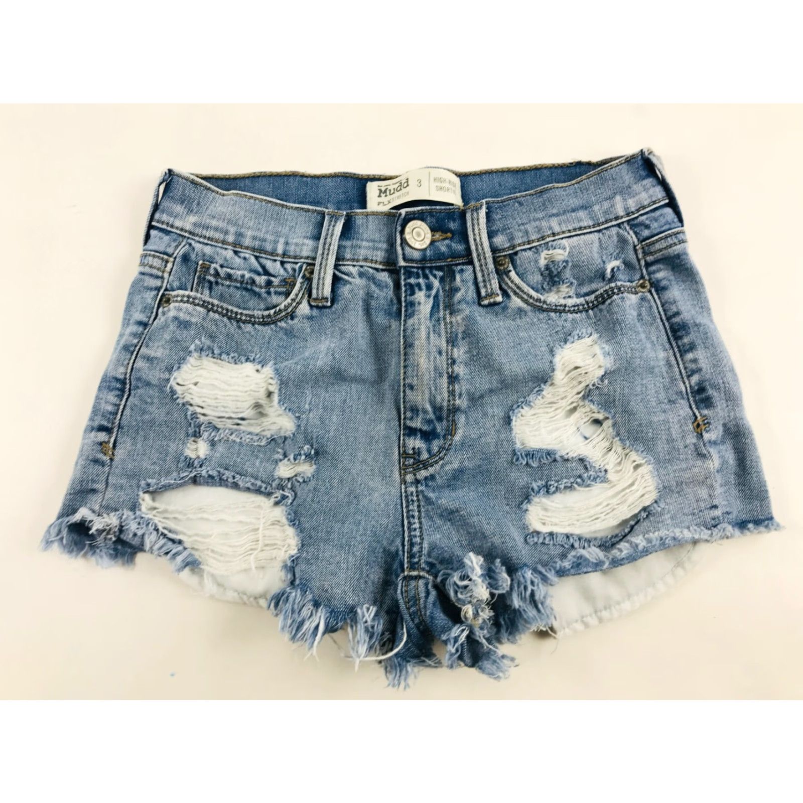Vintage Mudd Shorts Women's Size 3 High Rise FLX Stretch Distressed Cut-Off Shortie Denim Blue 100% Cotton Casual Womens Boys Girls Mens Size 26" / US 2 / IT 38 - 2 Thumbnail