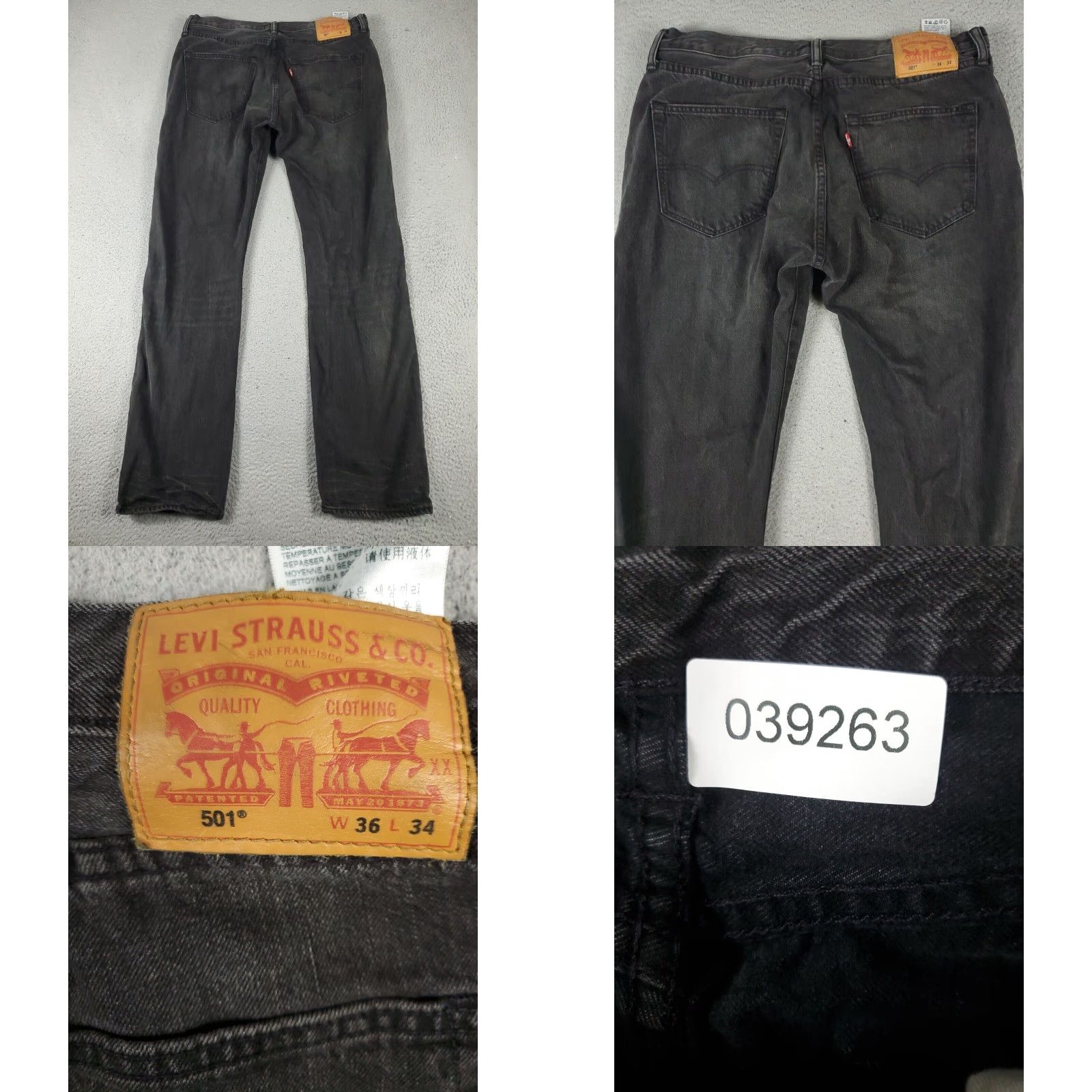 Levi's Levis 501 Mens Straight Leg Jeans 36x34 Gray Cotton 5-Pocket Button Fly Regular Fit Size US 36 / EU 52 - 8 Thumbnail