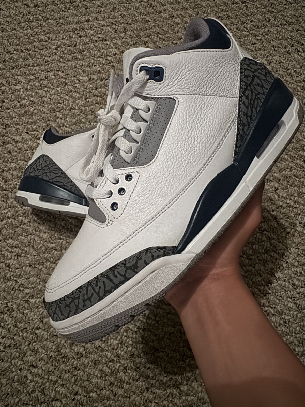 image of Air Jordan Retro 3 “Midnight Navy” Shoes in White, Men's (Size 9)