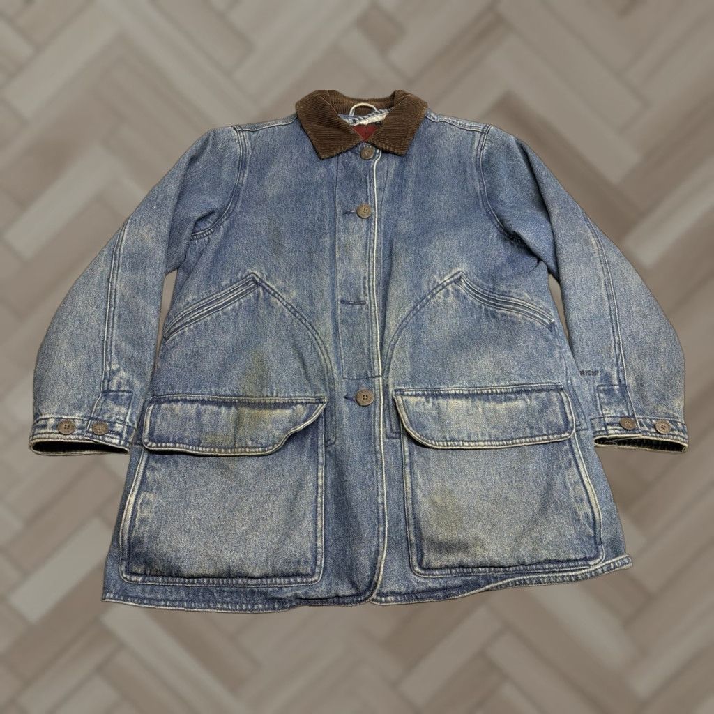VINTAGE Woolrich Chore Jacket Women M Blue Denim Lined Corduroy Collar Jacket Mens?
