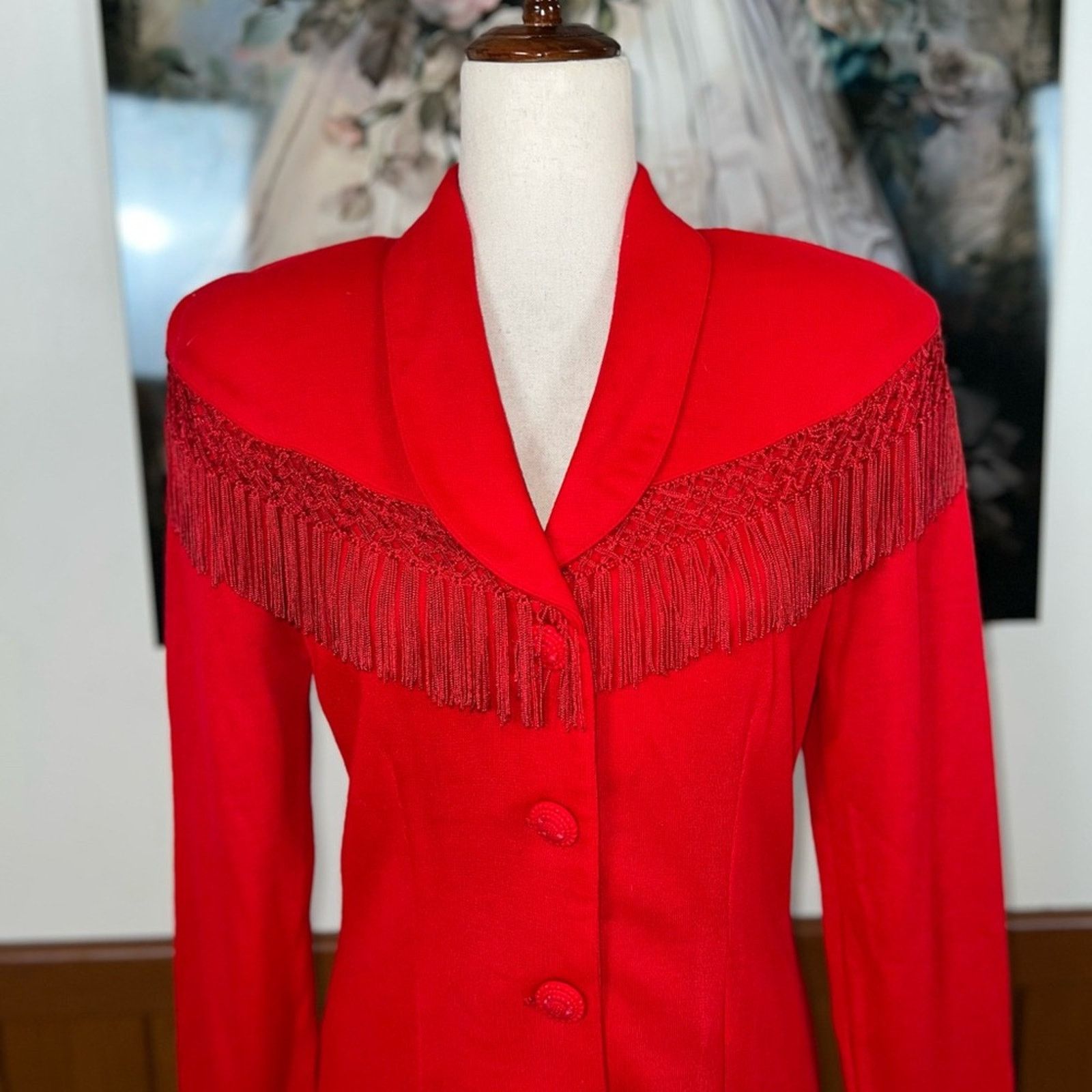 Vintage Funky Vintage 1980s D’Knits Red Fringed Blazer! Size M / US 6-8 / IT 42-44 - 3 Thumbnail