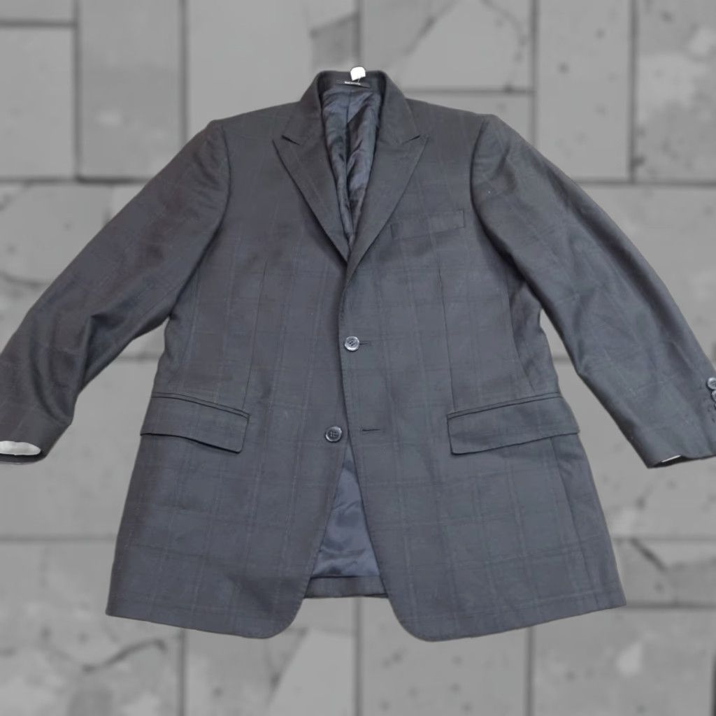 Vintage VERSACE COLLECTION Blazer Jacket 42R Black Silk Wool Peak Lapel Plaid, Single-Breasted, Two-Button, Men, Jacket, Tuxedo, Plaid, Regular Size 42R - 1 Thumbnail