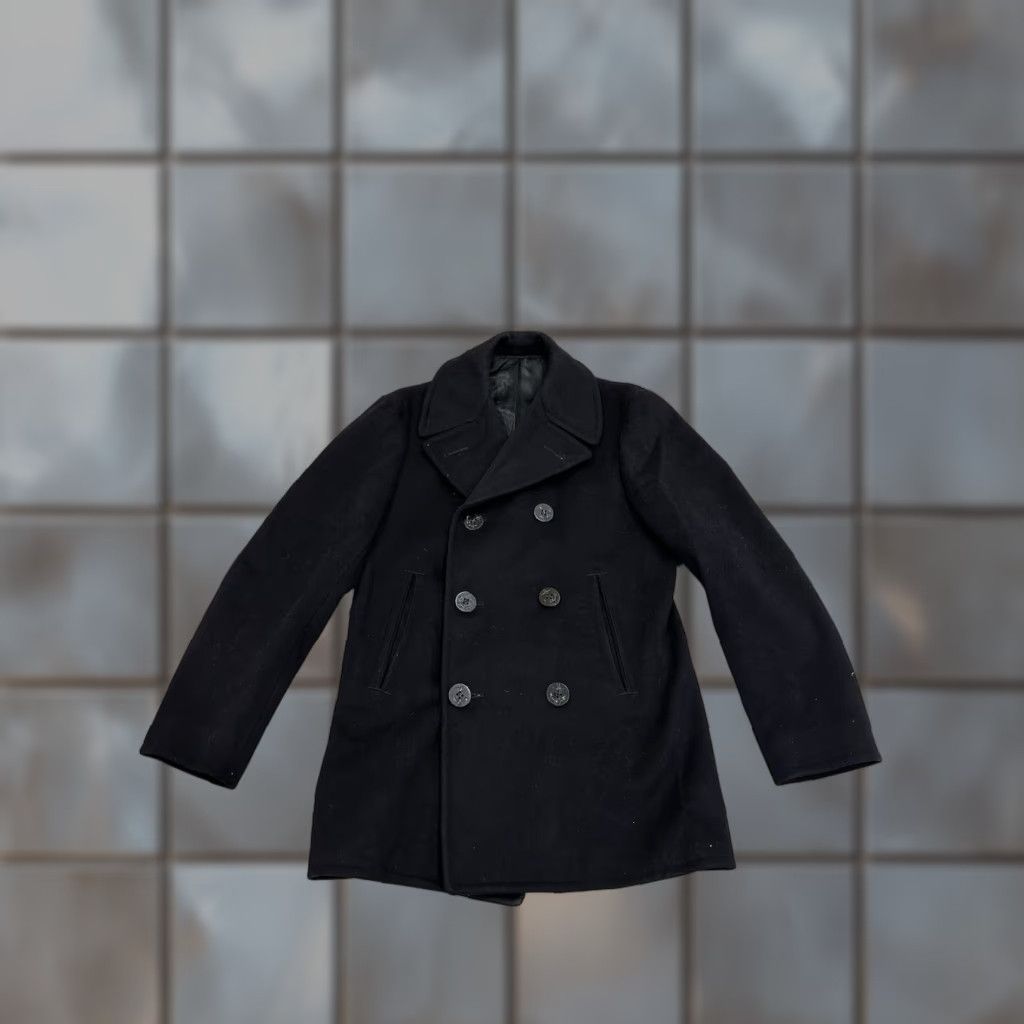 VINTAGE Kersey US Navy Peacoat 36R Wool Black Double-Breasted Navy Mens Coat Pockets Sailor Style