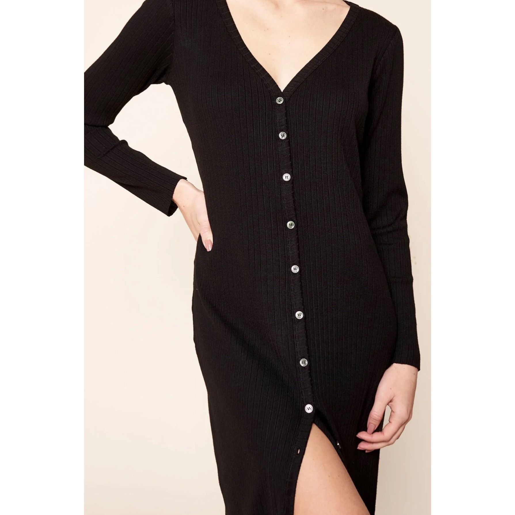 Other Sugar + Lips Black Ribbed Knit Button-Up Midi Cardigan Dress Size M / US 6-8 / IT 42-44 - 3 Thumbnail