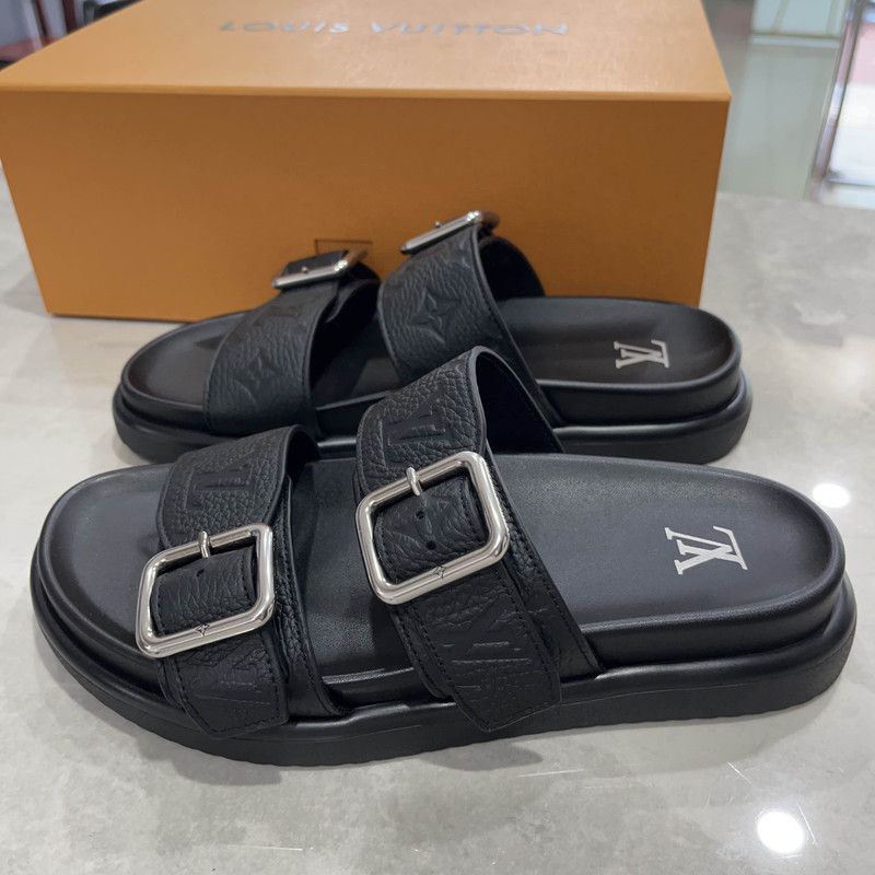 Louis Vuitton Louis Vuitton Black Leather Slide Sandals for Men 0079 Size US 7.5 / EU 40-41 - 1 Thumbnail