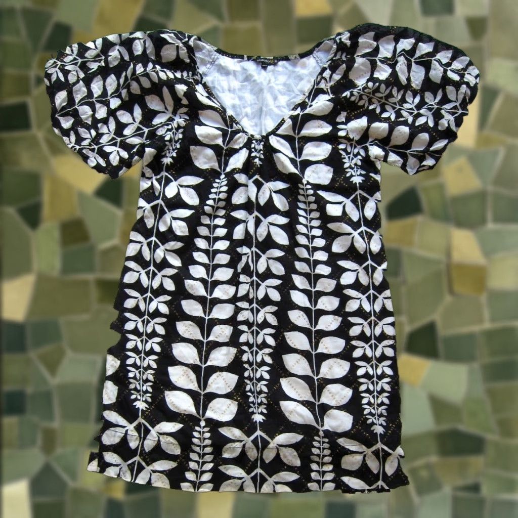 Vintage Chaudry KC Black White Gold Floral Puff Sleeve V-Neck Tunic Smock Dress Small Size S / US 4 / IT 40 - 1 Thumbnail