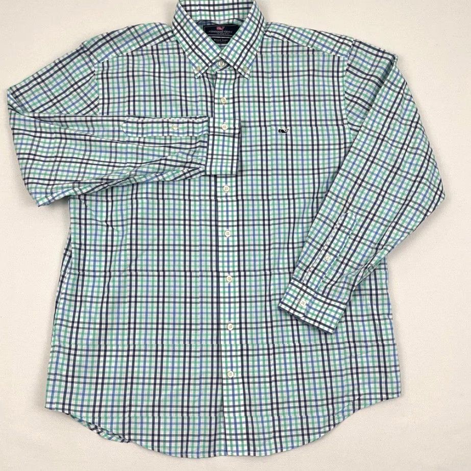 Vineyard Vines Vineyard Vines Whale Shirt Mens L Green White Blue Plaid Button-Up Dress Prep Shirt Size 42R - 3 Thumbnail