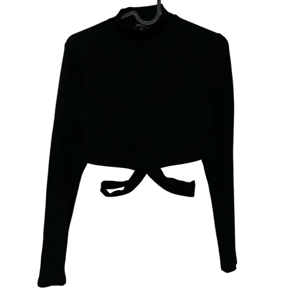 Designer Ambiance Black Ribbed Mock Neck Cropped Long Sleeve Top Size S / US 4 / IT 40 - 1 Thumbnail