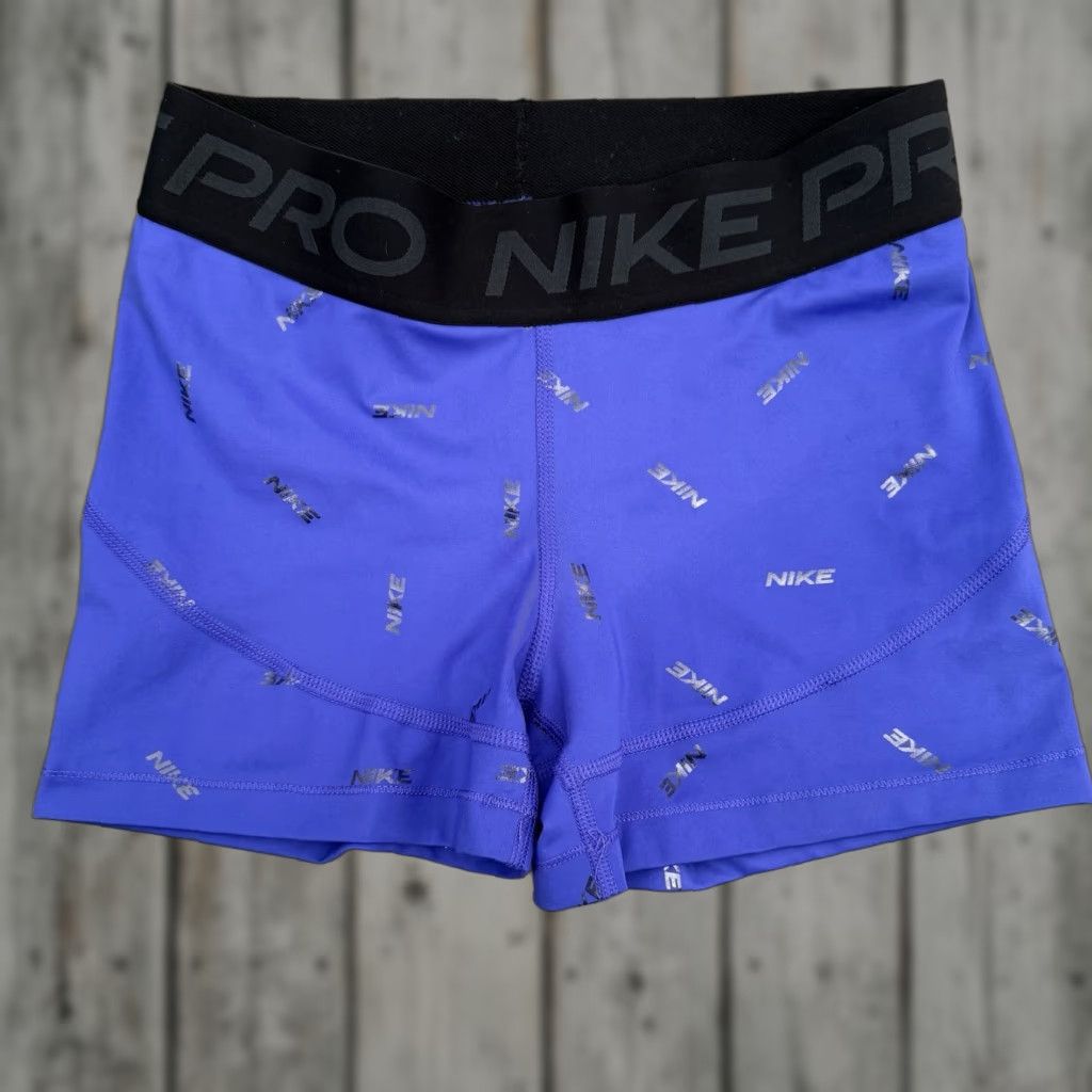 Nike NIKE PRO Dri-Fit Training Shorts Womens M 3” Inseam Purple Metallic Logo Athletic Compression Workout Running Gym Activewear Size 32" / US 10 / IT 46 - 1 Thumbnail