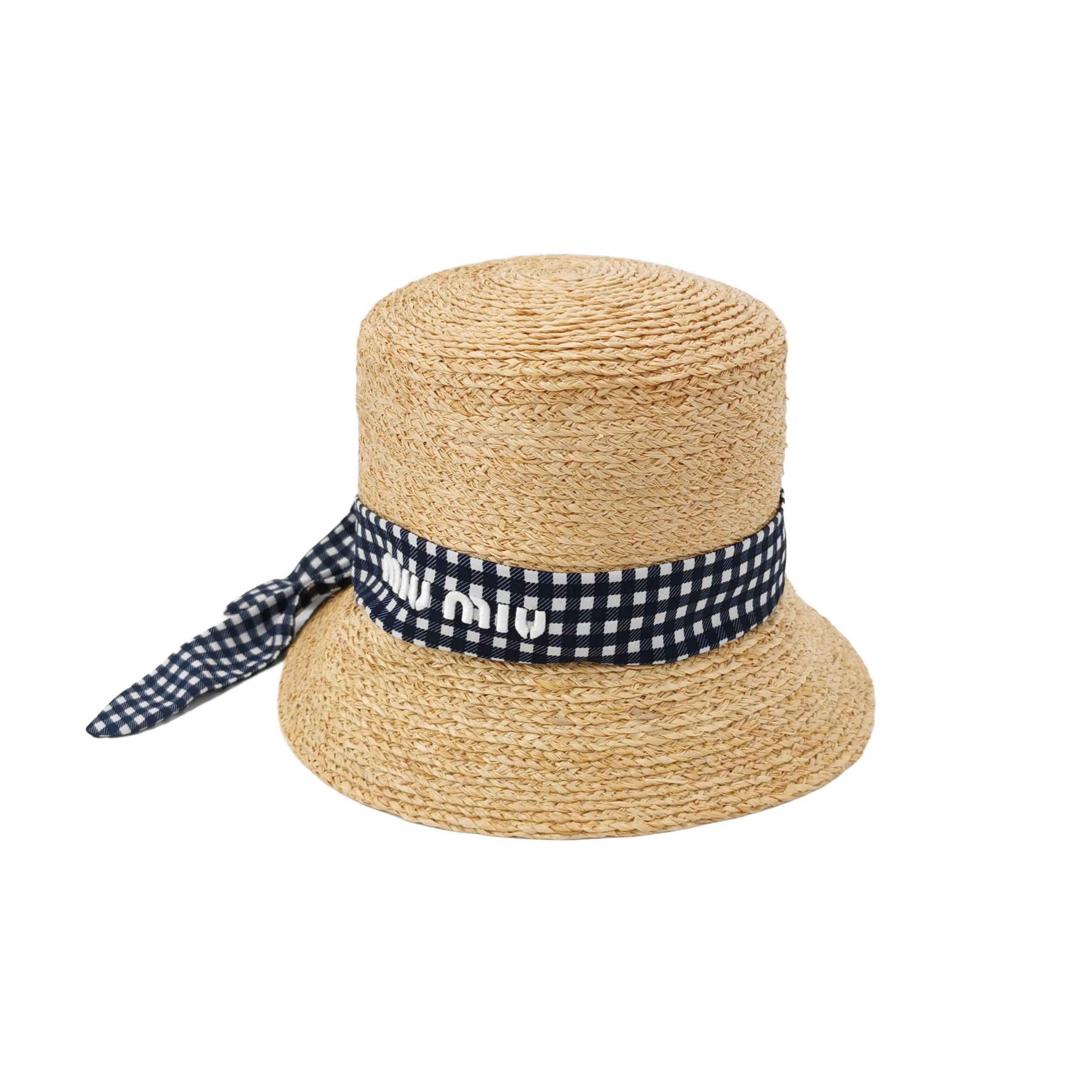 Miu Miu Miu Miu Gingham Ribbon Straw Bucket Hat Size S Size ONE SIZE - 1 Thumbnail