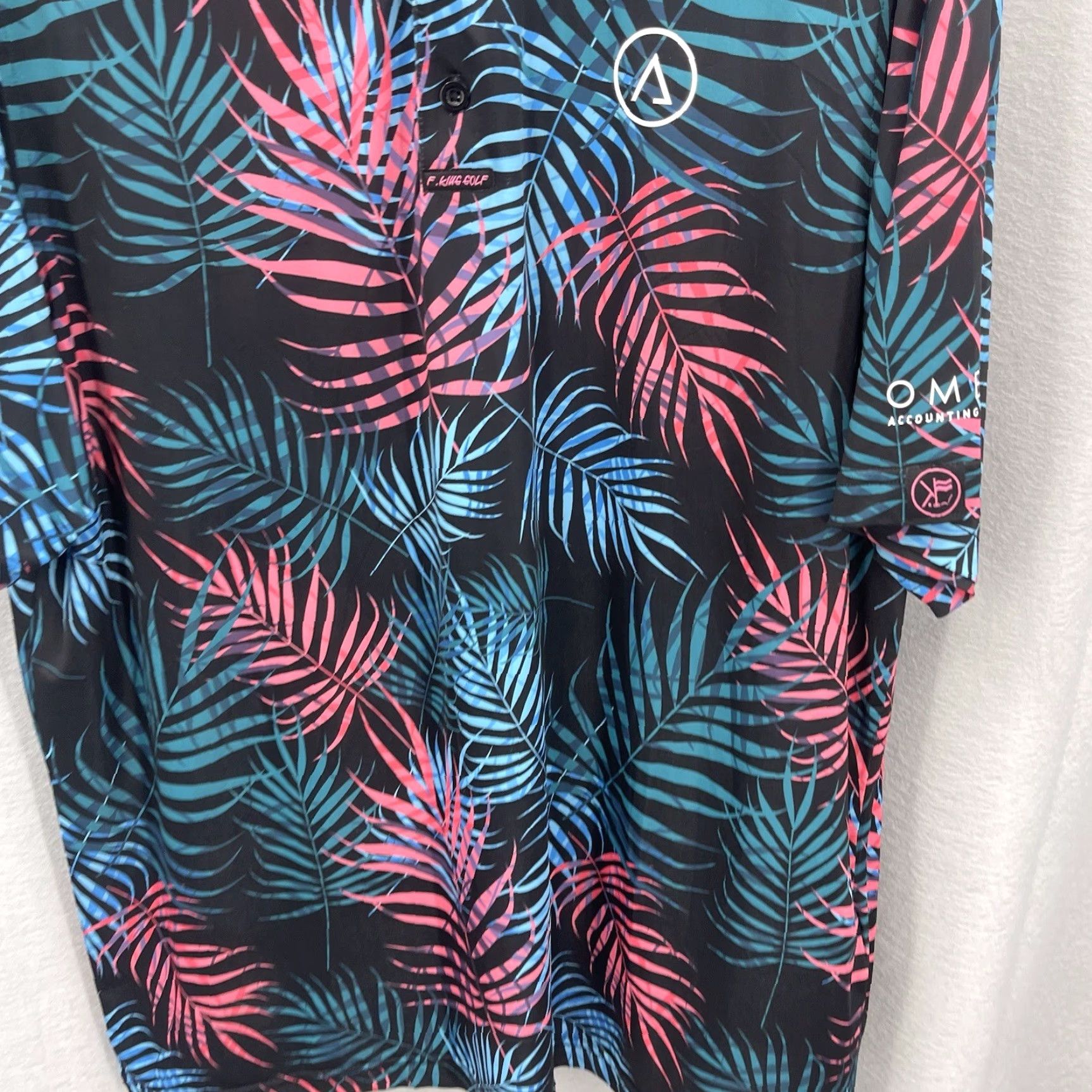Vintage F.King Golf Polo Shirt Mens L Floral Palms UPF 50 Logo Novelty Preppy Dad Sports Golf Shirt Mens L Black Floral Palm Logo UPF 50 Size US L / EU 52-54 / 3 - 3 Thumbnail