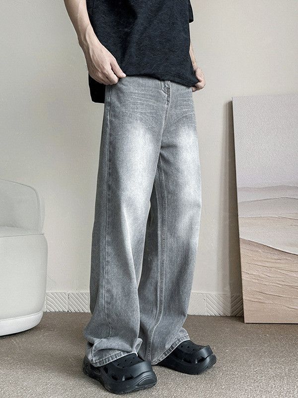 Jean Men's American Retro Washed Gray Distressed Jeans Straight Size US 32 / EU 48 - 2 Thumbnail