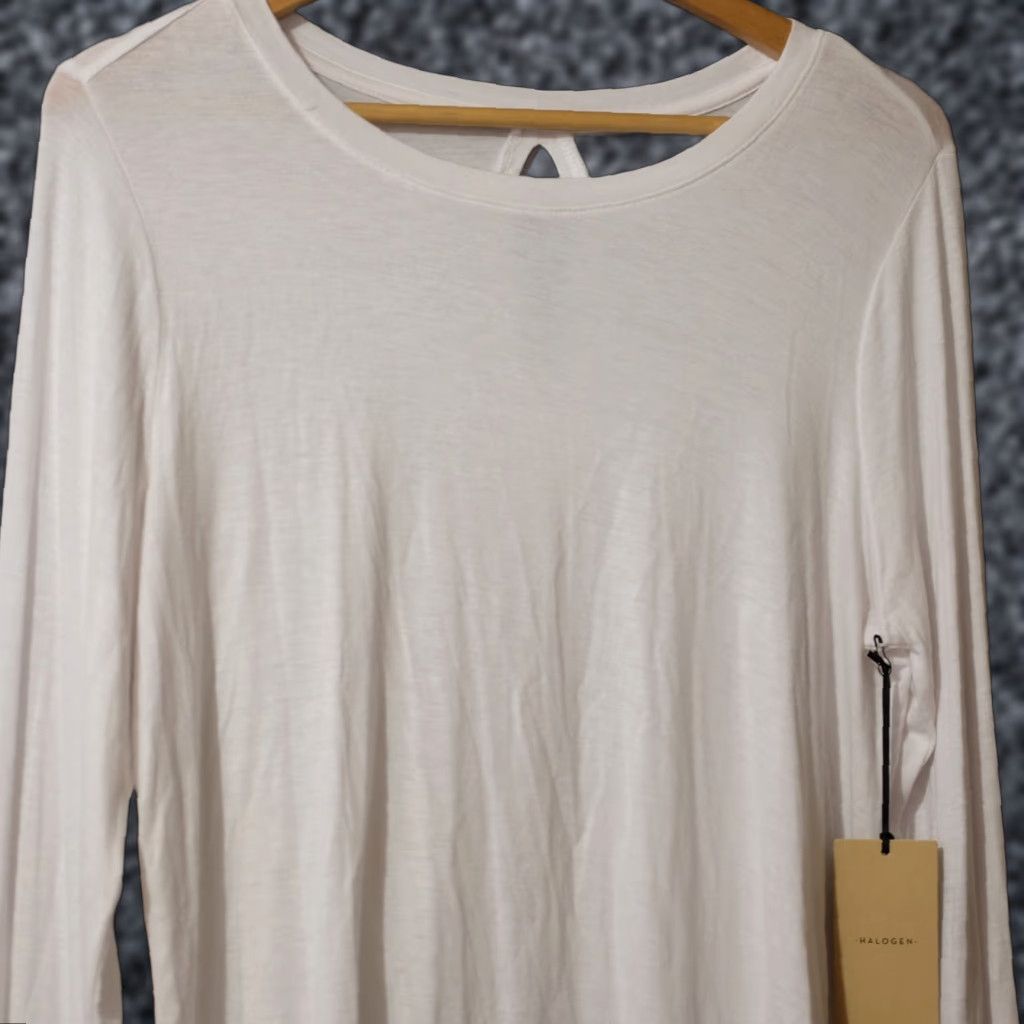Vintage NWT Halogen White Basic Long Sleeve Top Key Hole Back Soft Womens L Shirt Size L / US 10 / IT 46 - 1 Thumbnail
